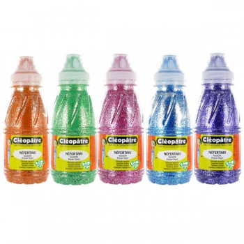 Lot de 5 flacons de Peinture à l'eau Pailletée 250ml : Orange, Vert, Rouge Primaire (Magenta), Bleu Primaire (Cyan), Violet