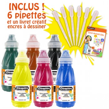 Lot de 6 flacons Encre à Dessiner 250ml : Jaune Primaire, Rouge Vif, Bleu Primaire (Cyan), Vert Sapin, Noir, Terre de Sienne