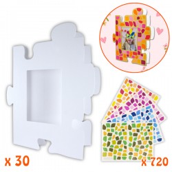 Kreatives Set mit 30 Puzzlerahmen aus Pappe zum Dekorieren + 720 Aufkleber in hellen Monochromen