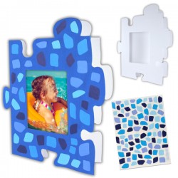 1 cardboard puzzle frame to decorate + 1 sheet of 90 blue mosaic stickers