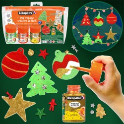 Ma Trousse Créative de Noël, 8 suspensions de Noël en carton épais à décorer + 3 p'tits pots pailletés + 1 planche de gommettes