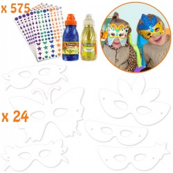 Kreatives Karnevalsset mit 24 Masken + 575 holografischen Aufklebern + 1 Flasche Glitzergel + 1 Flasche Glitzerfarbe