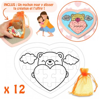 12 puzzles cœur en carton à décorer + 12 pochons pour offrir